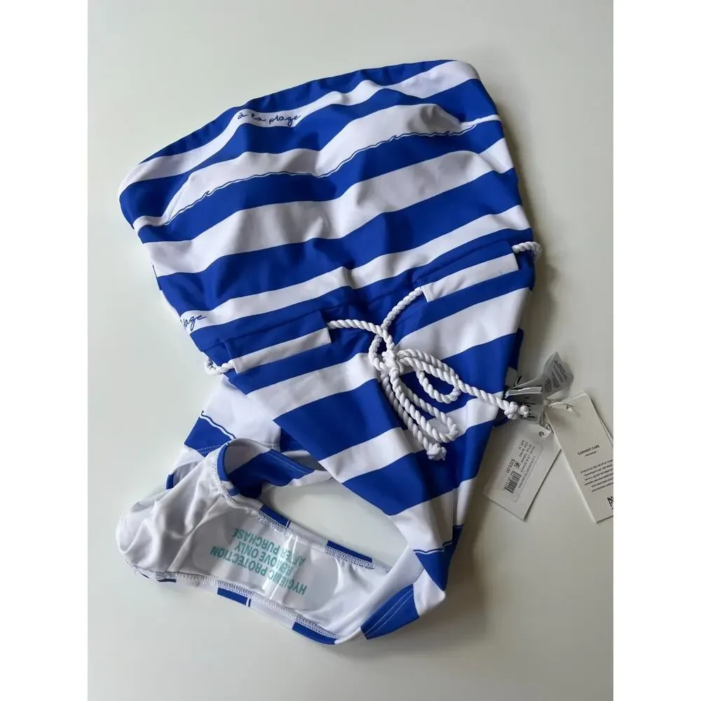 Milly A La Plage Belted One Piece Swimsuit Blue White Size M New - Picture 6 of 16